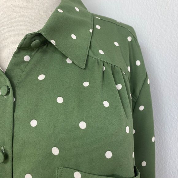 Torrid 2 Moss Green Blouse White Polka Dot Long Sleeve Pockets Button Front Flaw - Picture 4 of 13